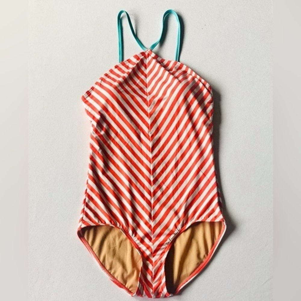 DownEast Orange and White Striped One-Piece Swimsuit with Teal Straps